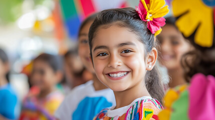 Hispanic children smiling joyfully at a vibrant school event in celebration of cultural heritage and community spirit. Generative AI