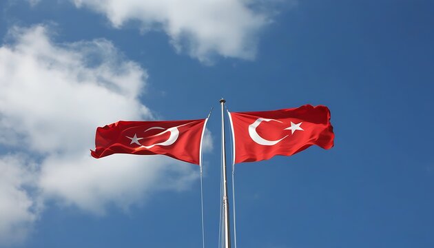 The Turkish flag flying in the wind, exhibiting national spirit and pride.