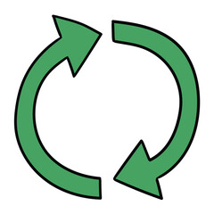 Hand drawn cartoon green recycle icon on white background.