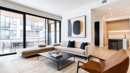 Modern living space with beige sectional sofa, blue cushions, black coffee table, abstract wall art, and open kitchen area with light wood cabinetry and island seating