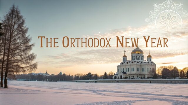Orthodox new year celebration with cathedral at sunset and winter scenery for holiday design