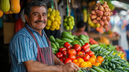 Latin American street vendor cheerfully selling fresh fruits and vegetables at a bustling market stall during the sunny day. Generative AI