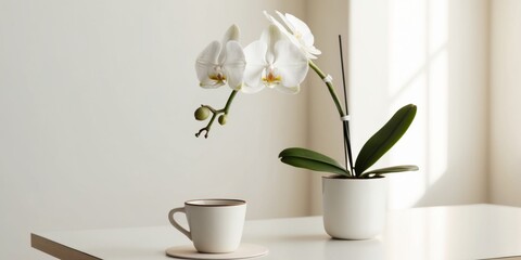 serene workspace featuring white orchid plant and coffee cup.