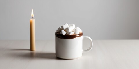 A mug of hot chocolate with marshmallows and a candle on a table.