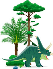 Obraz premium Chasmosaurus prehistoric dinosaur character. Isolated cartoon vector triceratops like dino with green spotted skin and horns, stands at lush Jurassic era landscape with trees, rocks and green bushes