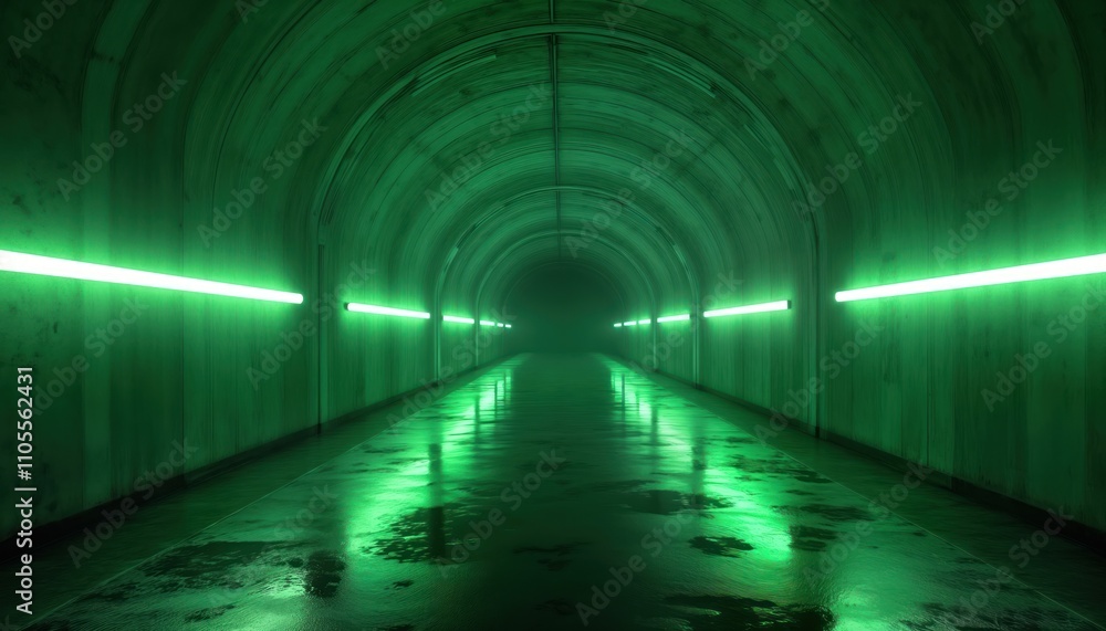 Aufkleber Empty futuristic tunnel with glowing green neon lights. Perspective view of dark wet concrete garage. Modern minimalist architecture. Empty space suitable for gaming tech. Grungy look. Ideal for