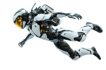 A futuristic humanoid robot in a dynamic pose, featuring a sleek design and an advanced helmet, appears to be navigating through space.