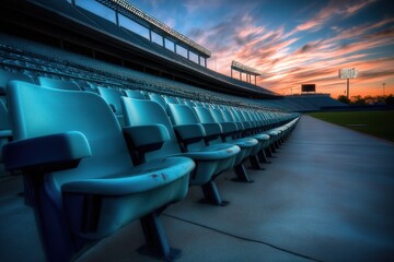 Fototapeta premium Empty stadium seats line up at sunset. Rows of teal plastic seats are in focus. A wide shot shows the entire stadium. Empty spaces invite a sense of quiet anticipation for an event.