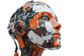 A detailed robotic head showcasing intricate designs and a combination of metallic and painted surfaces.