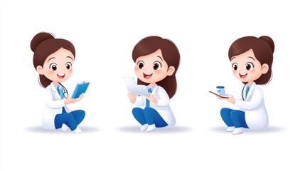 Fototapeta premium Cute Cartoon Female Character Engaged in Various Work Activities