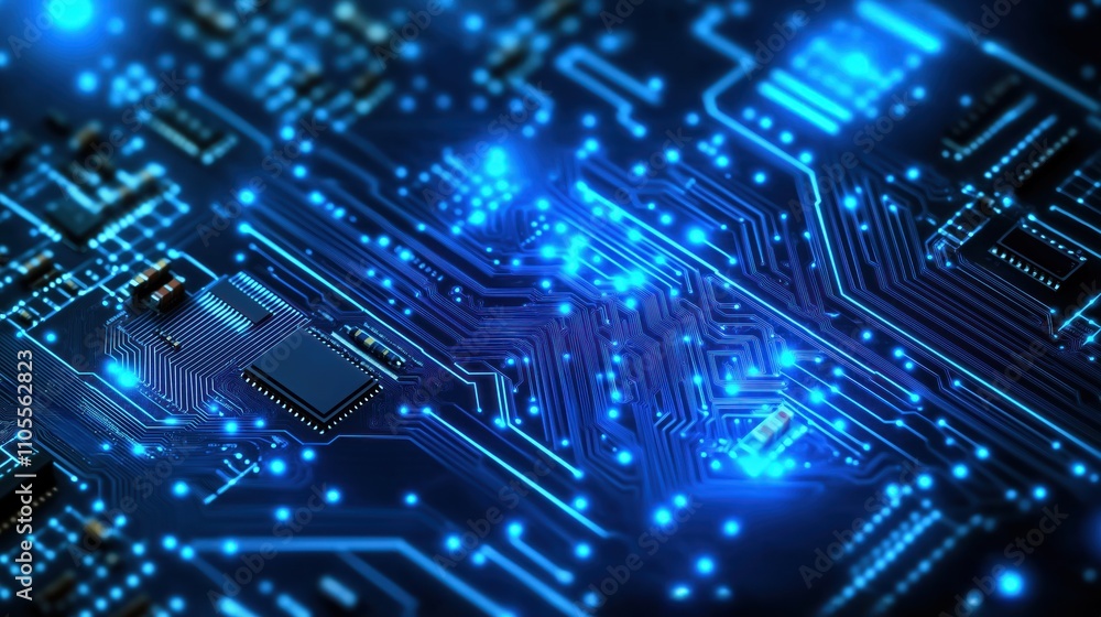 Poster abstract close-up view of electronic circuit board. complex network of intricate paths, components. 