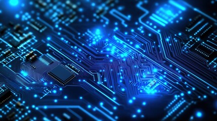 Obraz premium Abstract close-up view of electronic circuit board. Complex network of intricate paths, components. Blue glowing lines, dots illuminate board. High-tech digital graphic design. Modern tech