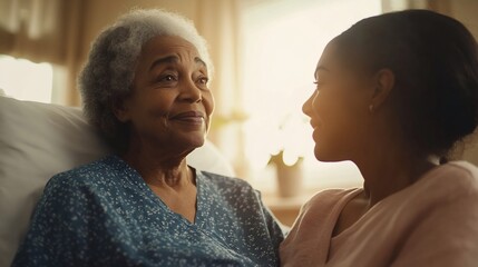 Fototapeta premium Elderly woman and young woman in a hospital room, smiling and looking at each other. A moment of comfort and care.