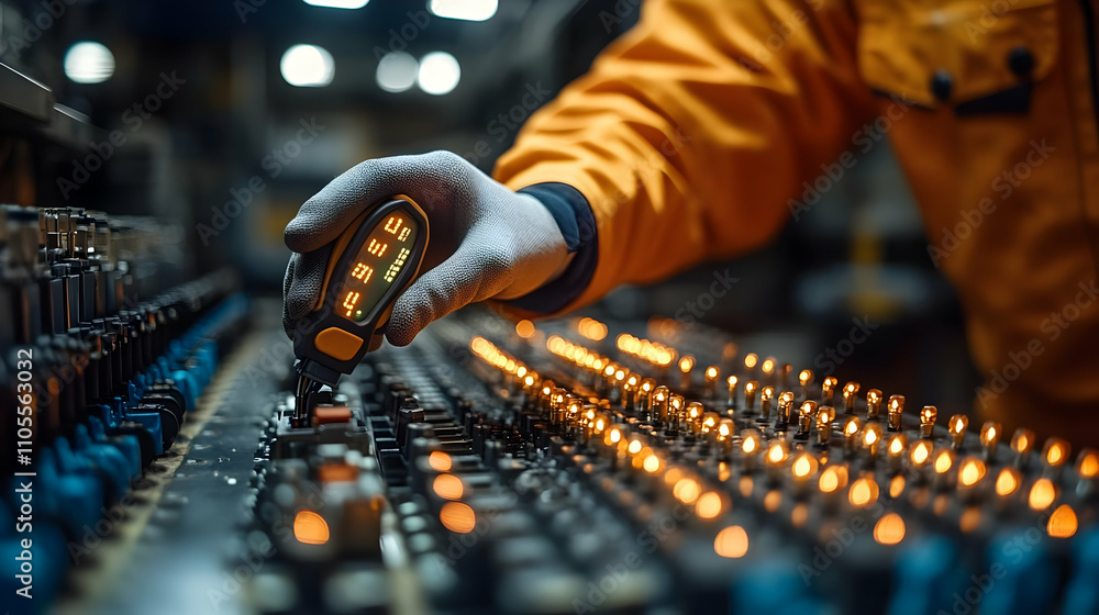 Poster technician tests industrial equipment precisely, ensuring optimal functioning in factory