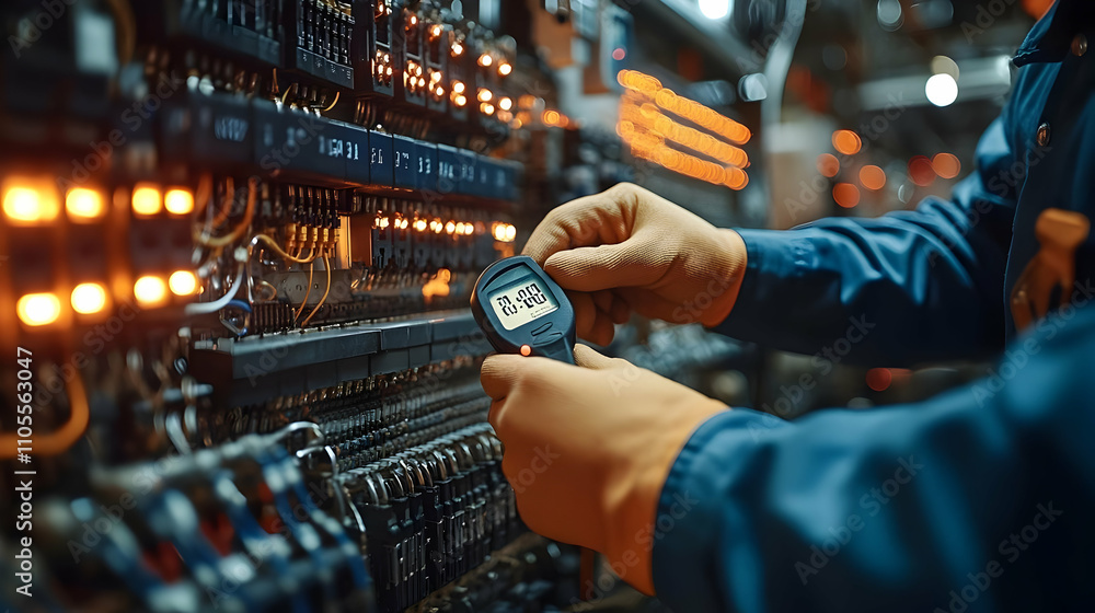 Poster industrial electrician uses digital multimeter for precise voltage measurements in factory setting
