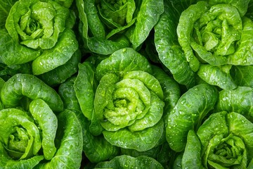 Fototapeta premium Dewy Green Lettuce Heads In Garden Row