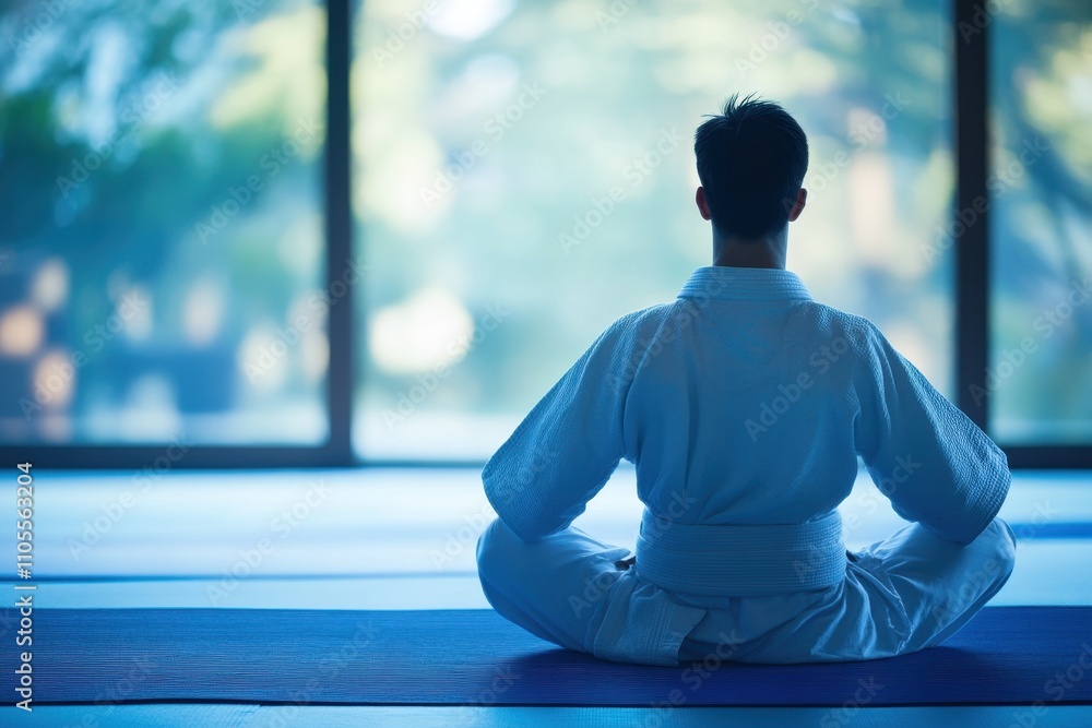 Poster practicing meditation in a tranquil dojo setting during daylight hours