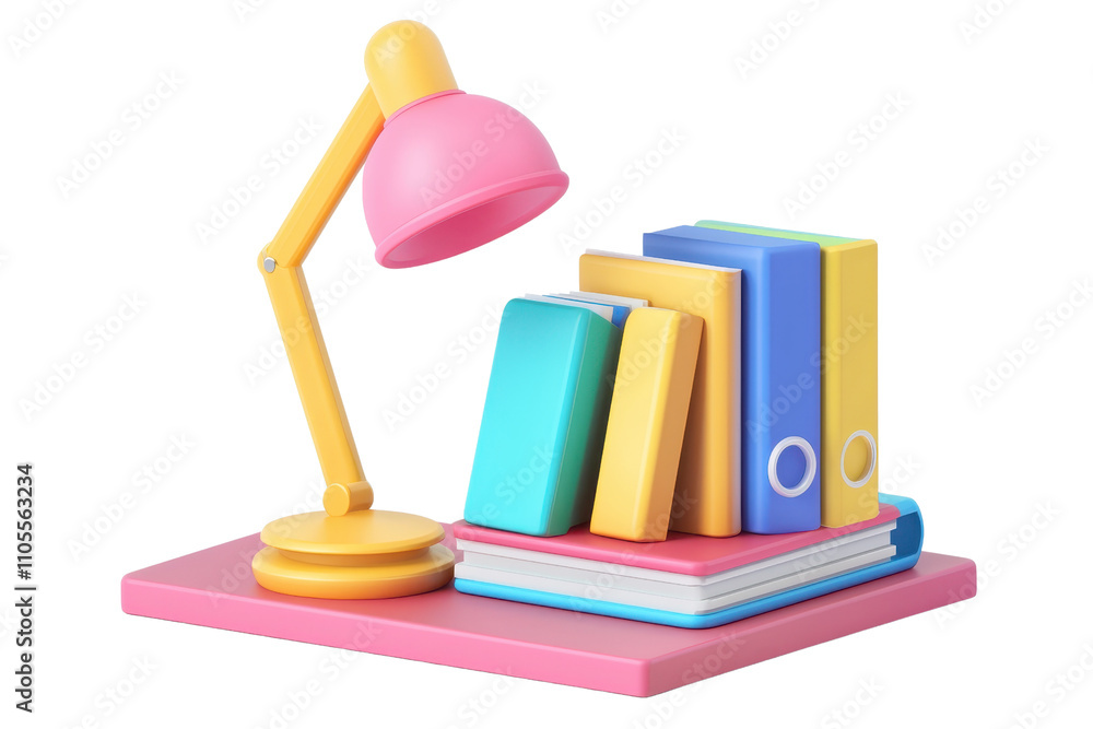 Poster A colorful desk lamp beside a stack of books on a flat surface, showcasing a playful and organized workspace setup.