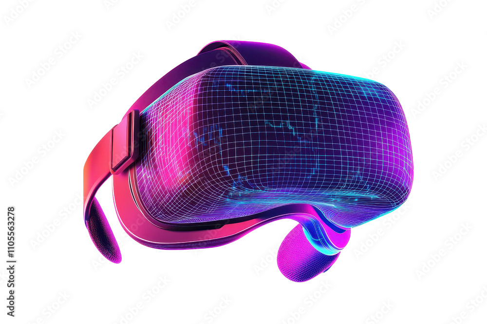 Poster a sleek virtual reality headset with vibrant colors and a futuristic design, showcasing intricate pa