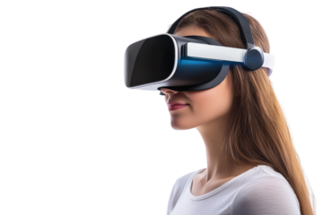 A woman wearing a virtual reality headset, showcasing immersion in a digital experience.