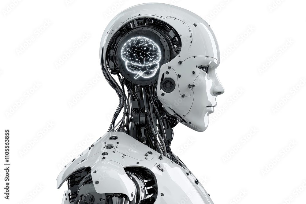 Poster a humanoid robot head showcasing intricate circuitry and a glowing brain design.