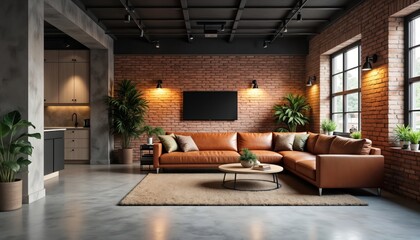 Modern minimalist living area with exposed brick walls, polished concrete floors. Stylish furniture in warm brown leather complements industrial chic decor. Plants, ambient lighting add touch of