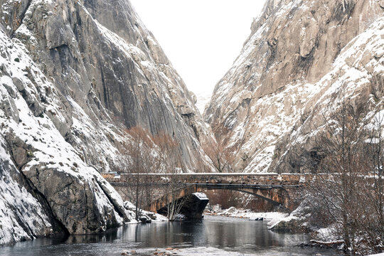 Snowy Vegacervera gorges in winter in Arguellos Biosfera Reserve. Le&oacute;n, Castilla y Le&oacute;n, Spain.