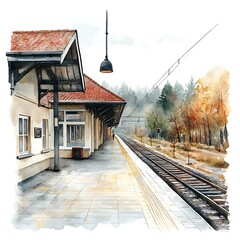 Fototapeta premium Watercolor Painting of a Tranquil Train Station Platform on an Autumn Day.