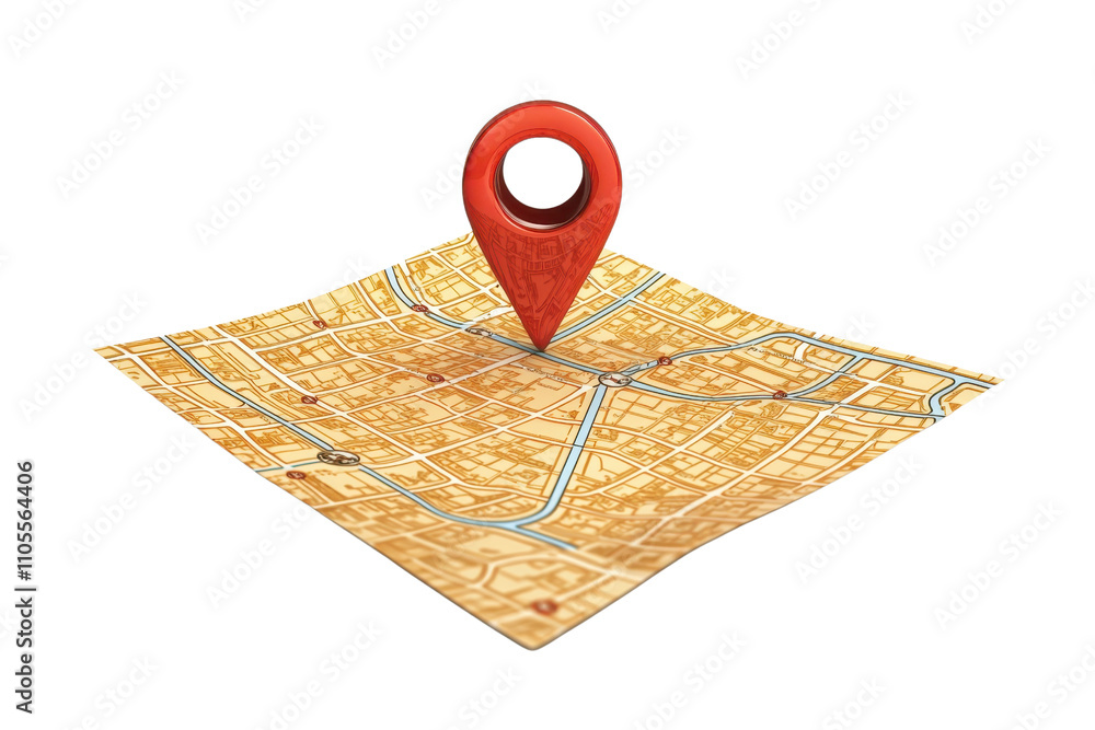 Poster a 3d map with a red location pin, highlighting a specific point on a detailed city layout.