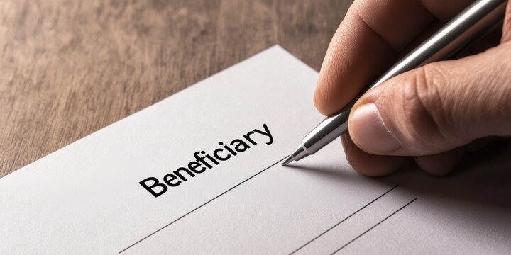 Management for beneficiaries. A hand holds a pen poised over a document labeled "Beneficiary" suggesting the completion of an important legal or financial form.