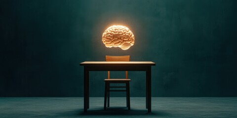 Desk Burnout for Mental Health. A glowing brain hovers above a simple wooden table and chair, representing creativity, knowledge, and the power of thought in a minimalist setting.
