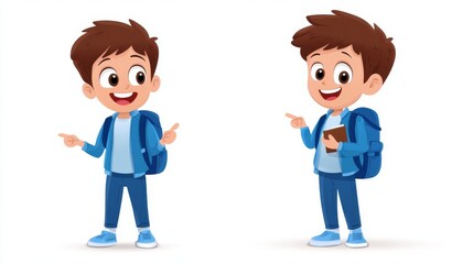 Cartoon Character Boy with Backpack Pointing and Holding Phone
