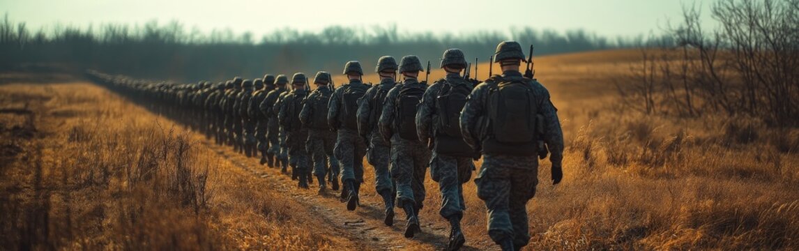 Soldiers Marching in Formation across an Open Field