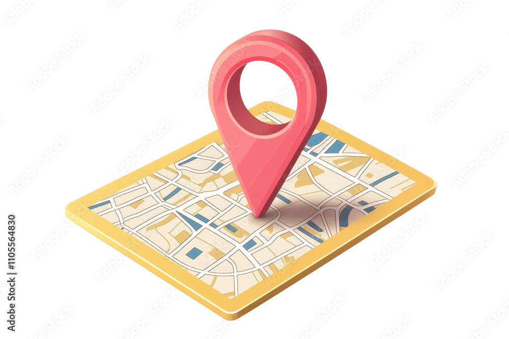 Poster a colorful map with a prominent pink location pin placed on it, highlighting a specific point of int