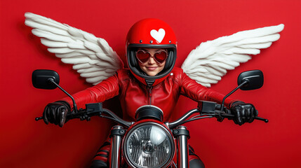 Angel biker with heart themed accessories rides confidently. Love and adventure await!