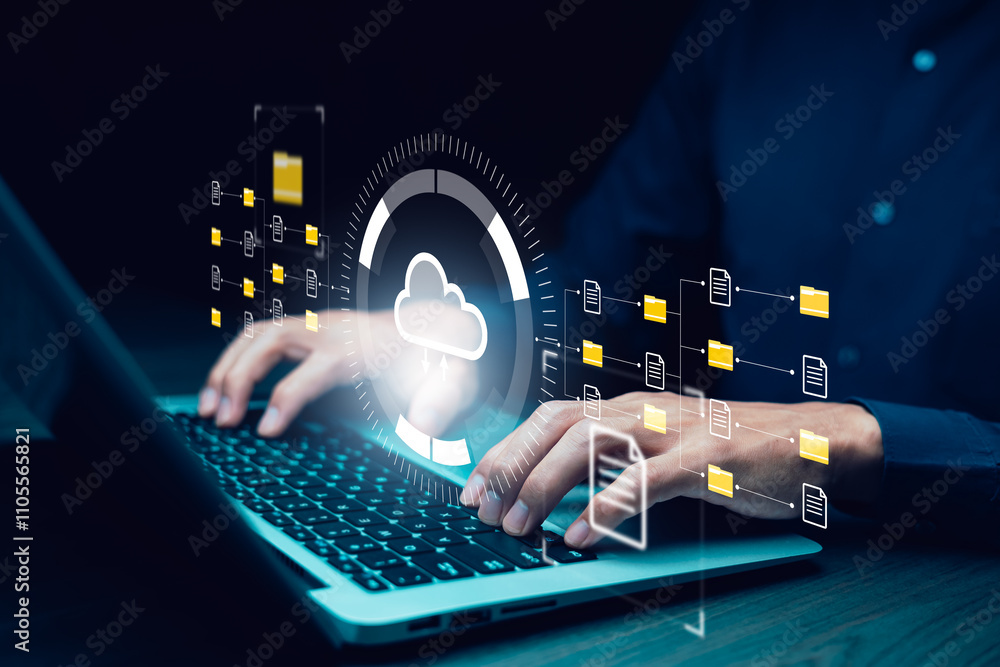 Poster cloud technology concept global network of metaverse systems concept, man hand touch data with inter