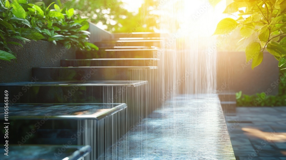 Poster a modern staircase with transparent steps and a waterfall cascading down the side