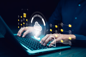 Cloud technology concept Global network of metaverse systems concept, Man hand touch data with...