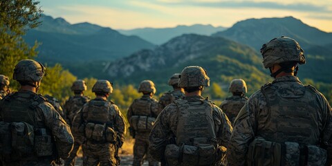 Fototapeta premium Soldiers Marching in Formation across an Open Field
