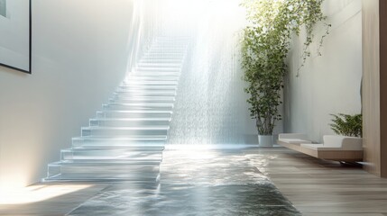 a modern staircase with transparent steps and a waterfall cascading down the side