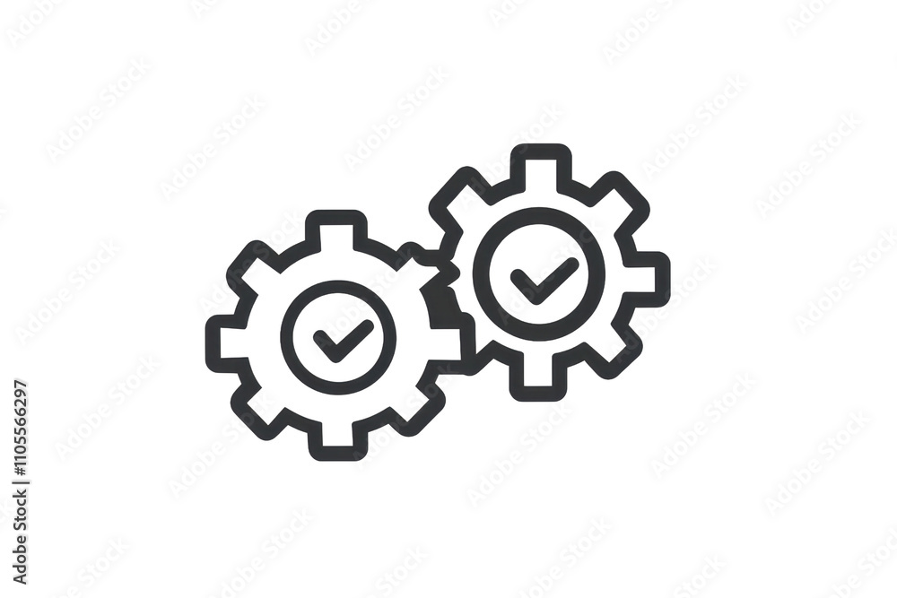 Poster two interlocking gears with checkmarks, symbolizing efficiency and successful operation.