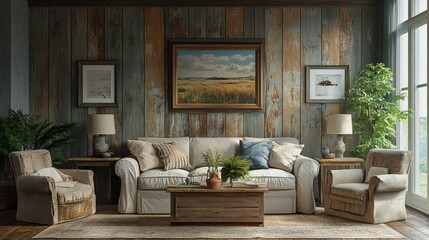 Interior design of vintage living room with rustic furniture and wooden paneling wall.


