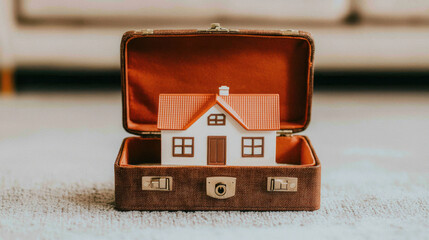 A miniature house placed inside a vintage suitcase.
