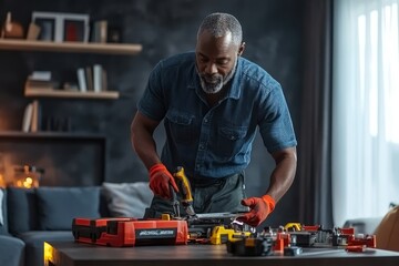 
Portrait photo of a middle-aged man, African descent, confidently holding a set of tools while assembling furniture in a modern living room, The Male Consumer


