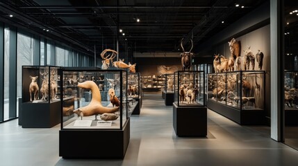 Large museum gallery with taxidermy animal exhibits in glass display cases showcasing diverse wildlife in a modern setting with natural lighting from large windows.
