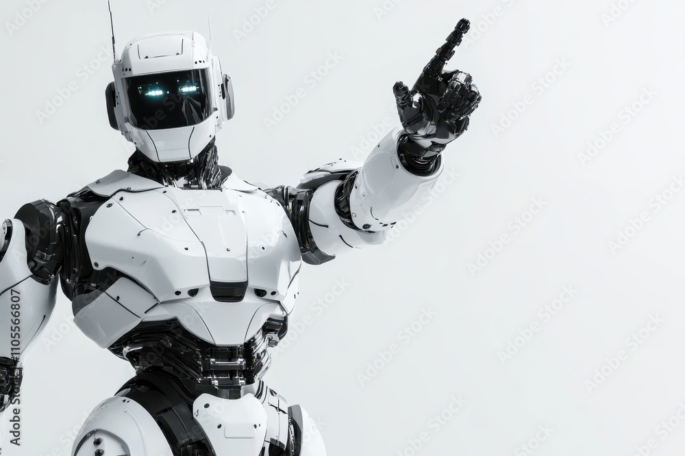 Poster advanced humanoid robot pointing with precision in a minimalist studio setting