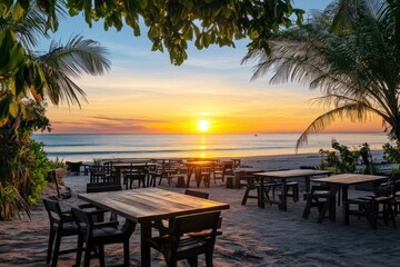 Fototapeta premium Sunset dining at beachside tables with palm trees in tranquil setting