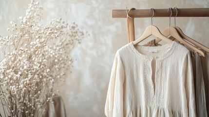 Cream Linen Dresses Hanging On Wooden Rack
