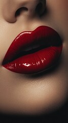 Obraz premium Bold and glossy red lips in a close-up shot, showcasing beauty and glamour for makeup inspiration and fashion trends.