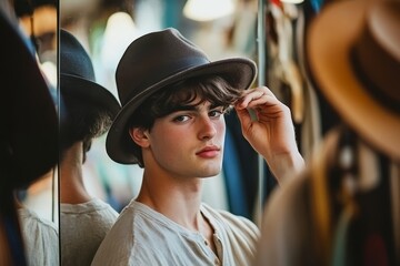 
Portrait photo of a young man, European descent, casually trying on a hat in front of a mirror at a stylish boutique, The Male Consumer